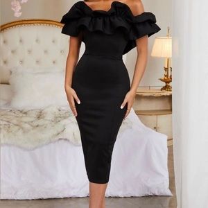 Black Bardot Frill Midi Dress. US Size 2